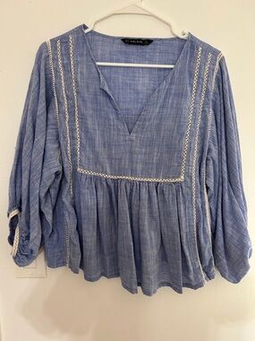 Zara Light Blue Peasant Tunic with Lace Trim